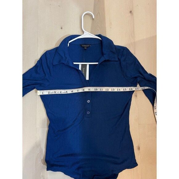 Violets & Roses NWT Blue Ribbed Knit Long Sleeve Bodysuit Fall Chic Minimalist - Picture 11 of 11